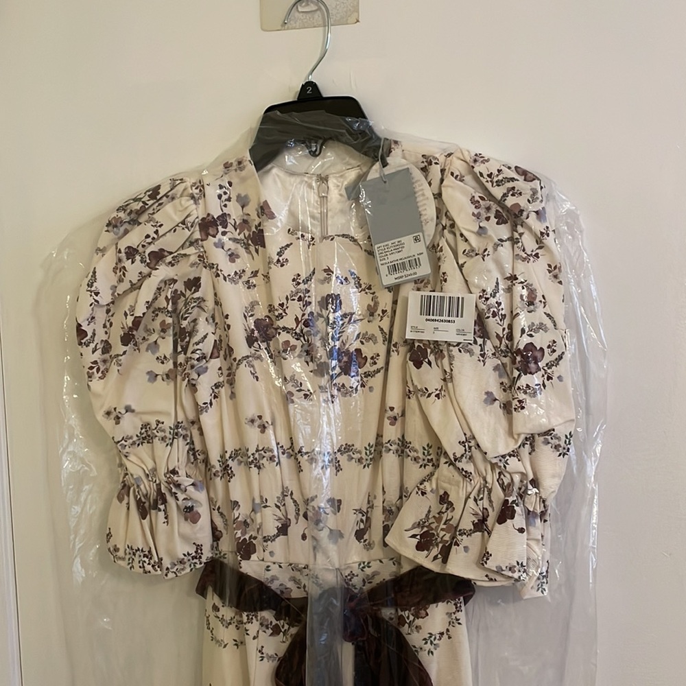 BRAND NWT ANTONIO MELANI Cream Floral Puff-Sleeve Dress with Burgundy Velve - Picture 2 of 4